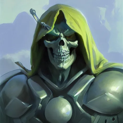 Image similar to greg manchess portrait painting of powerful skeletor the master of the universe as overwatch character, medium shot, asymmetrical, profile picture, organic painting, sunny day, matte painting, bold shapes, hard edges, street art, trending on artstation, by huang guangjian, gil elvgren, ruan jia, greg rutkowski, gaston bussiere