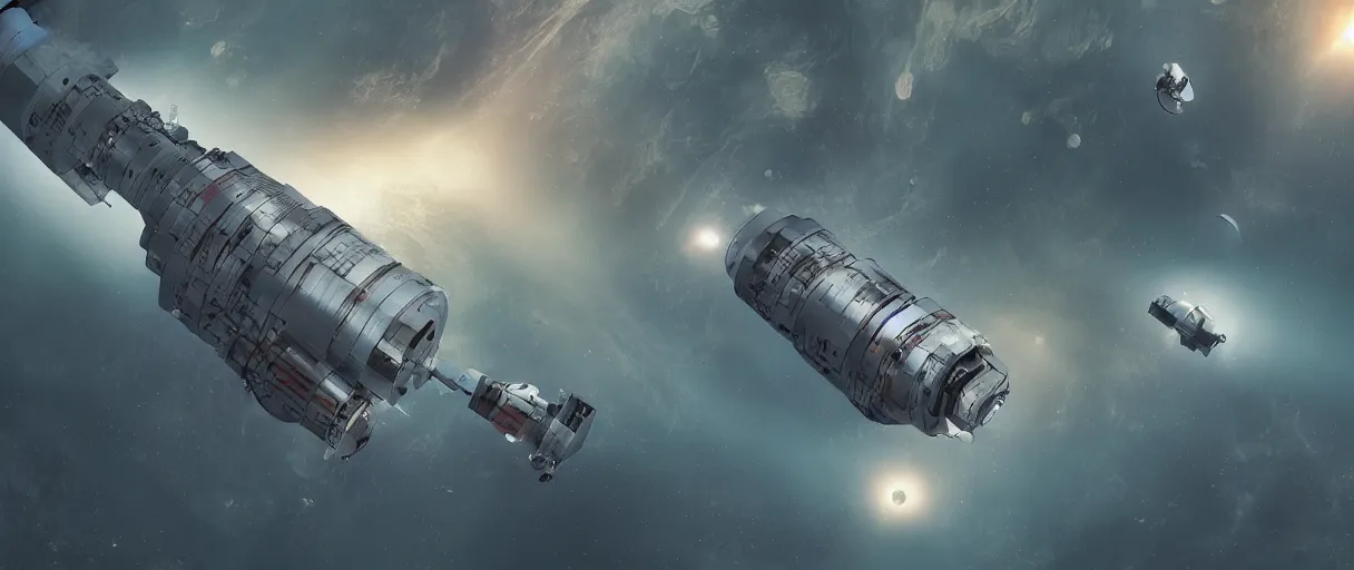 Prompt: illustration, a single small spaceship, nasa, deep space exploration, alone, the expanse tv series, industrial design, battlestar galactica tv series (2004), cinematic lighting, 4k, greebles, widescreen, wide angle, sharp and blocky shapes, rich colors, hyper realistic, hubble photography, beksinski