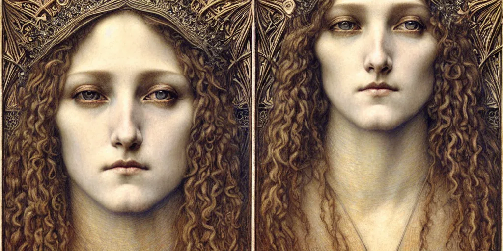 Image similar to detailed realistic beautiful young medieval queen face portrait by jean delville, gustave dore and marco mazzoni, art nouveau, symbolist, visionary, gothic, pre - raphaelite. horizontal symmetry