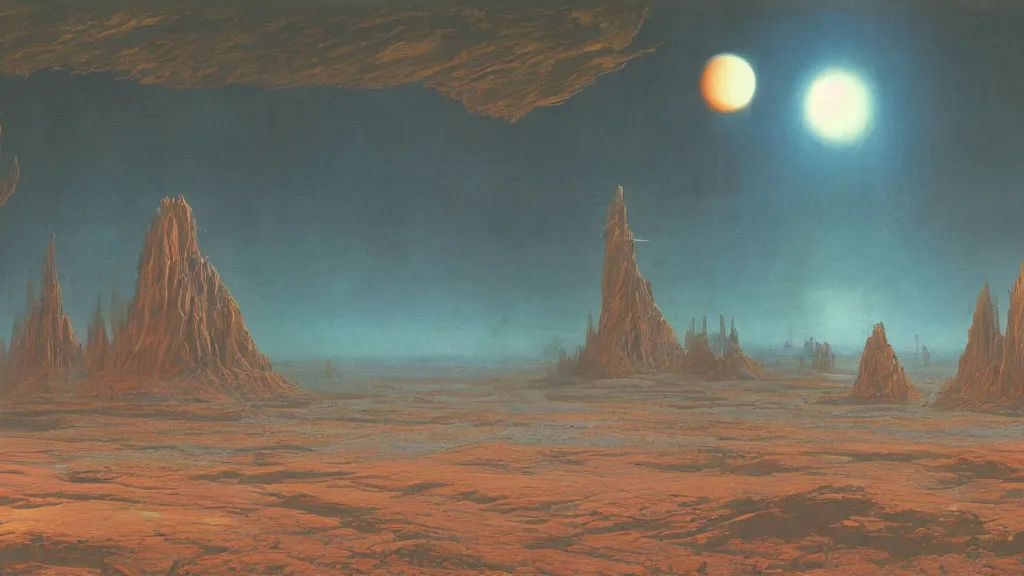 Prompt: otherworldly atmosphere and the first spaceship on venus by arthur haas and bruce pennington and john schoenherr, cinematic matte painting