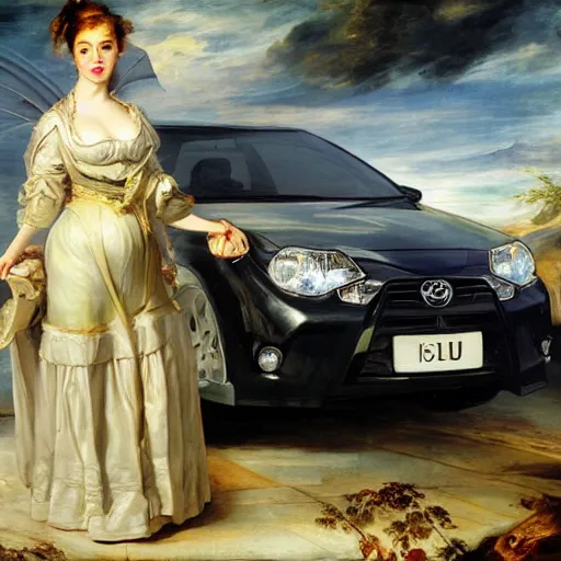 Image similar to heavenly summer sharp land sphere scallop well dressed lady standing next to a toyota corolla, auslese, by peter paul rubens and eugene delacroix and karol bak, hyperrealism, digital illustration, fauvist, standing next to a toyota corolla