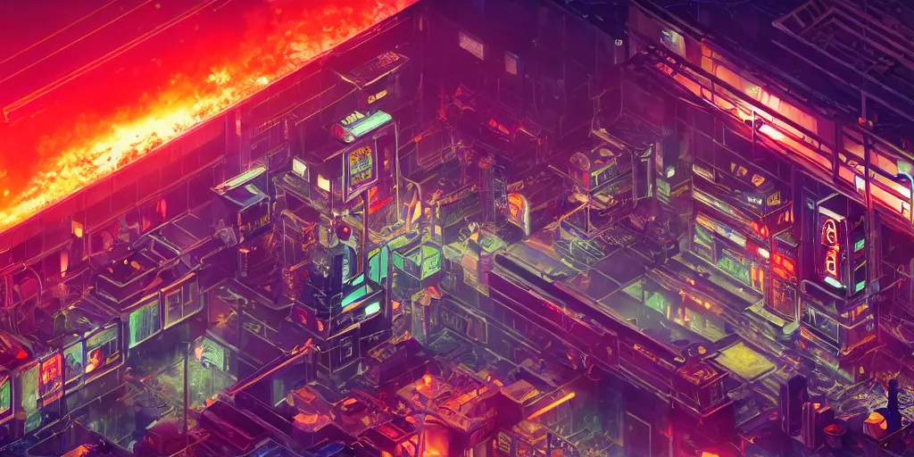 Prompt: isometric room of a room filled with factory exploding at night in the center of a futuristic sci-fi asian city, signboards, neon lights, blade runner color palette, rendered in octane render by Yasunari Ikenaga, Yamato, Macross