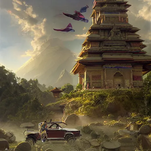 Prompt: painting nepal in year 2 0 7 7 with flying car and temple, ultra realistic, concept art, intricate details, eerie, highly detailed, photorealistic, octane render, 8 k, unreal engine. art by artgerm and greg rutkowski and alphonse mucha