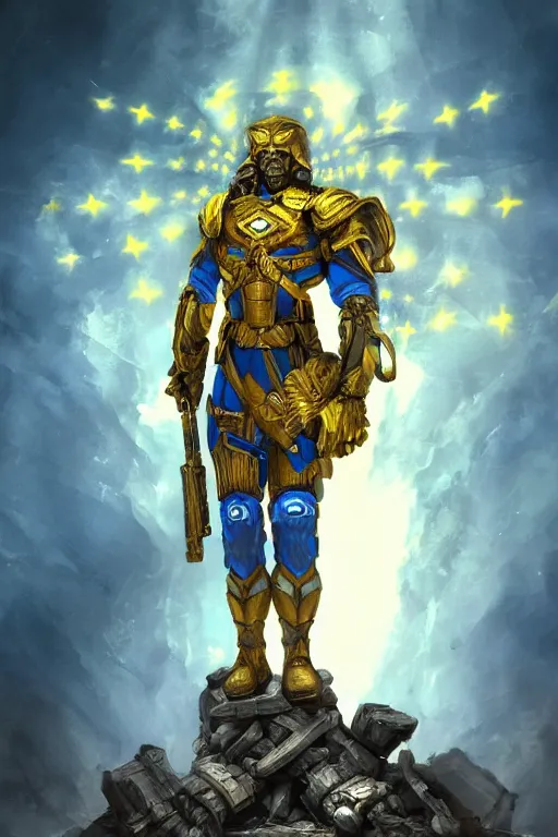 Image similar to an super mega hyper realistic image of a super soldier with a Ukrainian blue and yellow stripes flag standing in the beam of light from the clouds on a pile of skulls as a winner, masculine figure, D&D, fantasy, intricate, elegant, highly detailed, extremely detailed, digital painting, artstation, concept art, matte, sharp focus, symmetrical, illustration, art by Artgerm and Greg Rutkowski and Alphonse Mucha