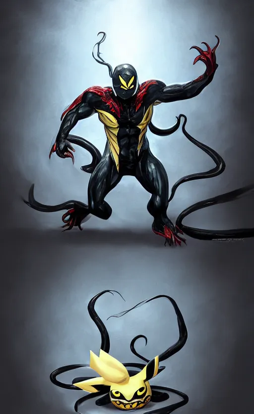 Prompt: venom as pikachu, dynamic lighting, photorealistic dark fantasy concept art, trending on art station, stunning visuals, creative, cinematic, ultra detailed