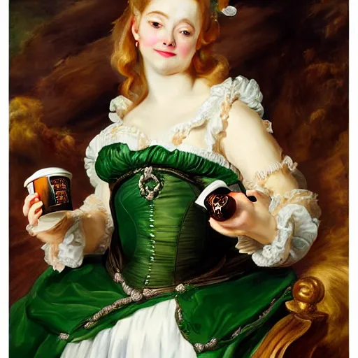 Image similar to heavenly summer sharp land sphere scallop well dressed lady holding a starbucks coffee cup, auslese, by peter paul rubens and eugene delacroix and karol bak, hyperrealism, digital illustration, fauvist, starbucks coffee cup green logo