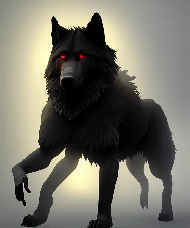 Image similar to award winning painting of a anthropomorphic black male wolf long red hair. artstation, volumetric lighting, highly detailed, photorealistic