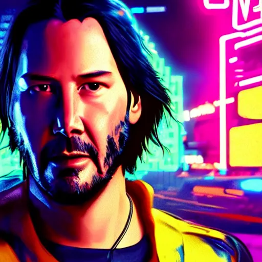 Image similar to Keanu Reeves on neon street in Cyberpunk 2077 Game, synthwave, artstation art, night, professional light