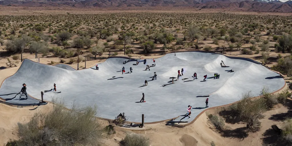 Image similar to drone view of a skatepark, in a desert oasis