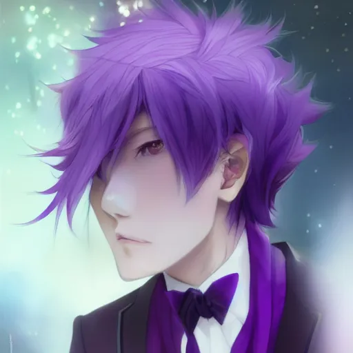 Image similar to beautiful anime shion with purple hair, ( ( ( ( ( horn ) ) ) ) ) ( ( ponytail ) ) ( ( ( purple eyes ) ) ), a purple tuxedo, sharp focus, intricate, cell shaded, award winning photography, cinematic, digital painting, cinematic, wlop, 8 k, by ross tran, tom bagshaw