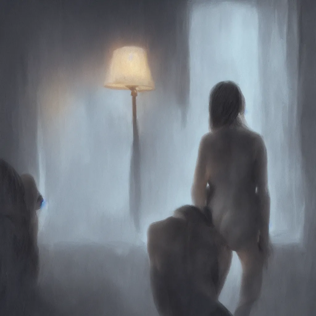 Image similar to woman over the shoulder photo in a moody night room, concept art, atmospheric, digital painting, award winning photo, artstation, high detail 1024