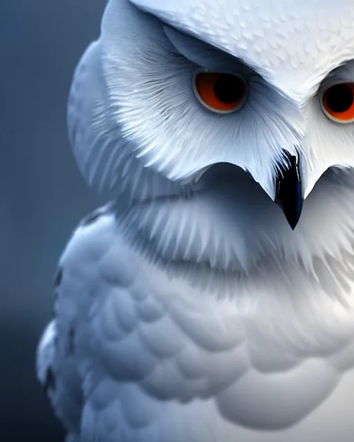 Prompt: closeup of a snow owls face, in the style of brian despain, digital art, unreal engine, volumetric lighting, dark moody lighting, post apocalyptic, 4 k