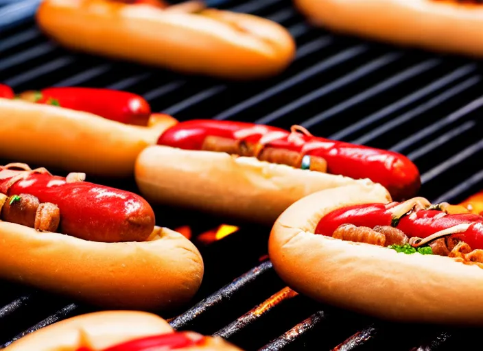 Prompt: dslr food photo closeup of hot dogs cooking on a grill, 8 k, 8 5 mm f 1. 8