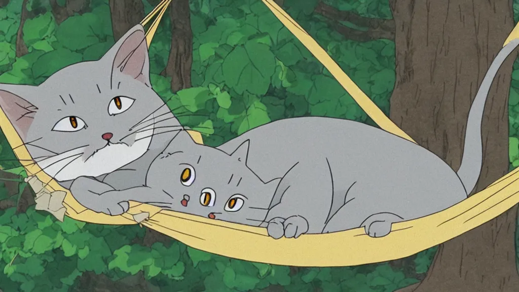 Image similar to grey american shorthair cat sleeping in a hammock, animated still, by studio ghibli, by hayao miyazaki