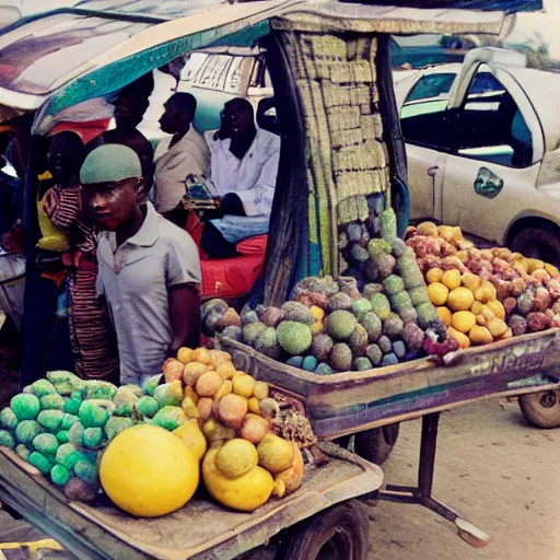 Prompt: old polaroids of futuristic african mobile market places in lagos traffic, side of taxi as fruit stand