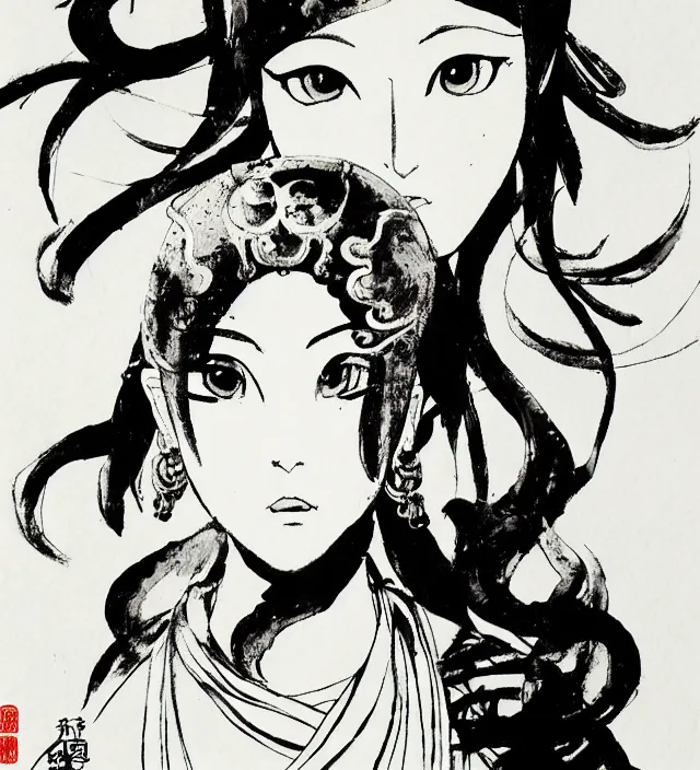 Prompt: taoist buddhist art brush ink painting of a beautiful girl portrait in squareenix toriyama miyazaki miura kentaro sorayama noir style detailed trending award winning