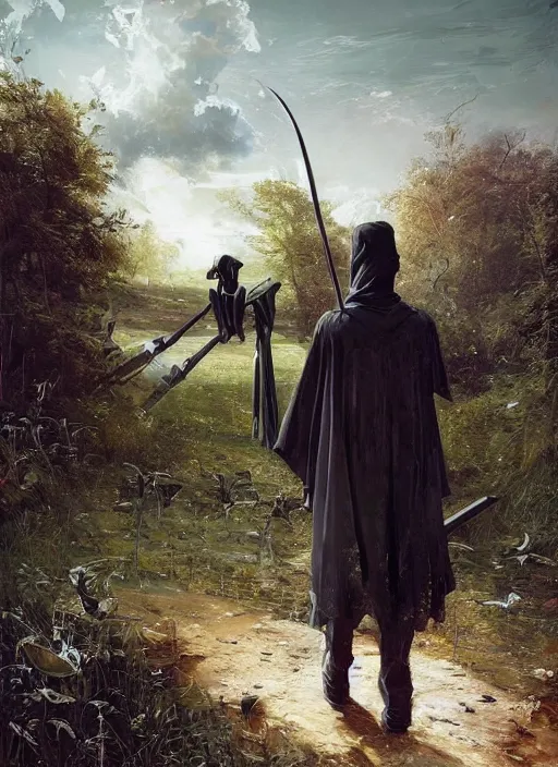 Prompt: grim reaper : : scythe and black rose : : kodachrome : : 2 d : : 3 d : : ray tracing global illumination : : insanely detailed and intricate, hypermaximalist, elegant, ornate, hyper realistic, super detailed : : by ismail inceoglu : : by john constable