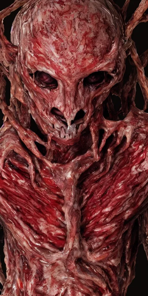 Prompt: photorealistic ultra detailed humanoid creature made of decomposed bloody flesh flesh, the woods, night, extremly detailed, 8 k, realistic, sharp focus, cosmic horror creature, cosmic horror, from the movie the thing, mysterious creature, bloody eyes