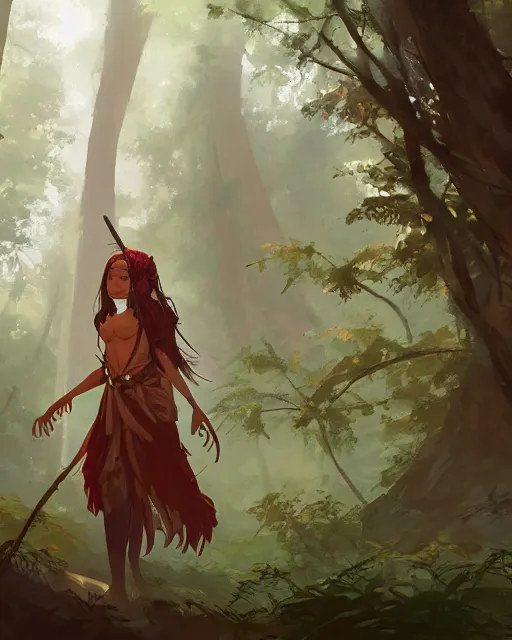 Image similar to a tribeswoman standing in the woods. By Makoto Shinkai, Stanley Artgerm Lau, WLOP, Rossdraws, James Jean, Andrei Riabovitchev, Marc Simonetti, krenz cushart, Sakimichan, D&D trending on ArtStation, digital art.