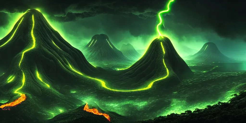 Image similar to boundary of two lands, green wild jungle vs dark mountain with lava, magic and lightning, epic, fantasy, D&D, intricate, highly detailed, sharp focus, cinematic lighting