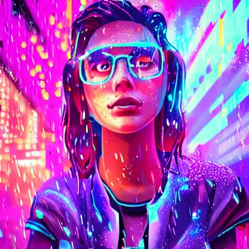 Prompt: splashes of neon, cartoon portrait made out of rain, trending on artstation, epic composition, emotional, beautiful, rendered in octane, unreal engine, highly detailed, realistic, galaxy background