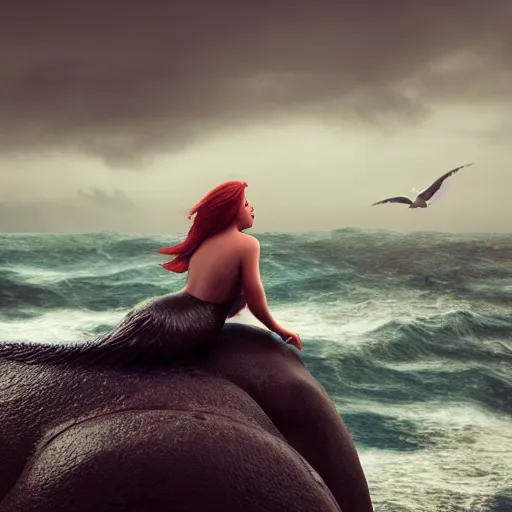 Prompt: a beautiful little mermaid sitting on a rock in the middle of a stormy ocean, watching the seagulls flying above her, a viking ship is sailing in the distance, fantasy painting, hyperrealistic, hyperdetailed, depth of field, High definition, 8k, octane render, artstation