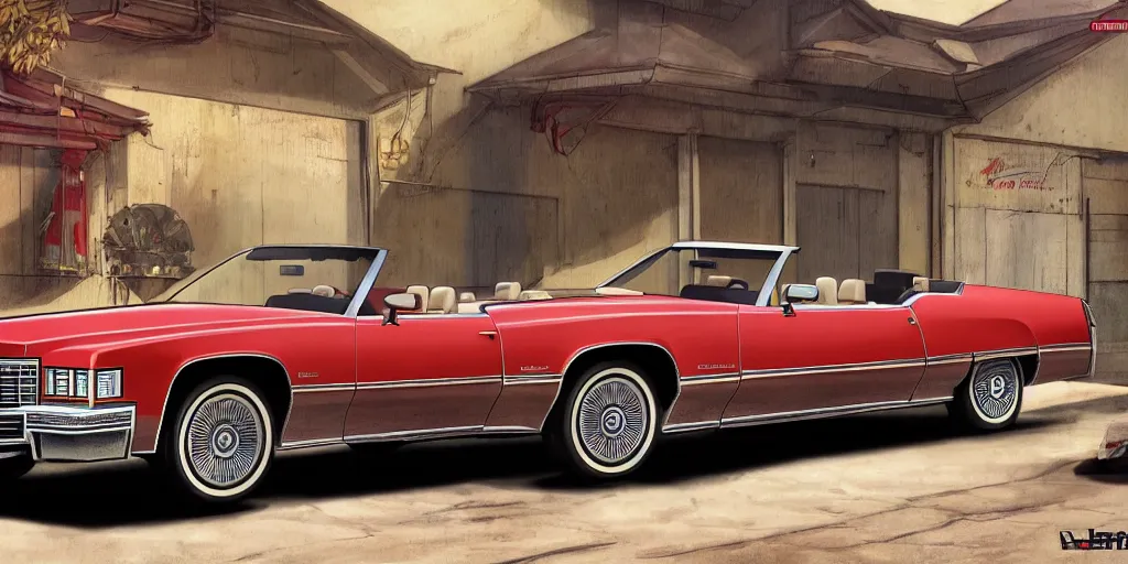 Prompt: front view picture one red 1975 cadillac eldorado convertible car as a grand theft auto 5 loading screen, garage scene, front view, intricate, studio, art by anthony macbain + greg rutkowski + alphonse mucha, concept art, 4k, sharp focus