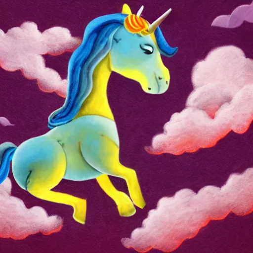 Image similar to a happy child rides a unicorn tiger between the clouds