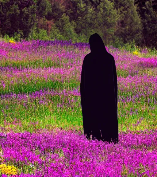 Prompt: tall hooded shadow person figure standing in beautiful meadow of flowers, technicolor photo, grainy, high detail, high resolution