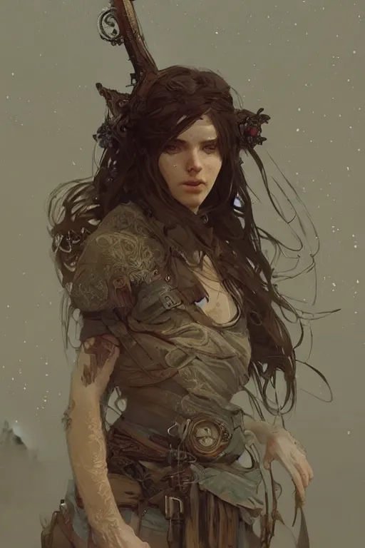 Prompt: A full portrait of a beautiful post apocalyptic celtic explorer, intricate, elegant, highly detailed, digital painting, artstation, concept art, smooth, sharp focus, illustration, art by Krenz Cushart and Artem Demura and alphonse mucha