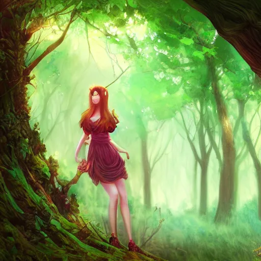 Image similar to alluring tree girl in a magical forest, digital art, trending on artstation