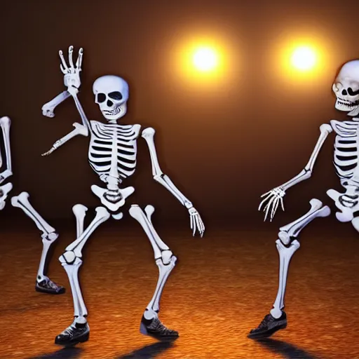 Image similar to skeleton dancing in a late night party filled with other skeletons, ultrarealistic