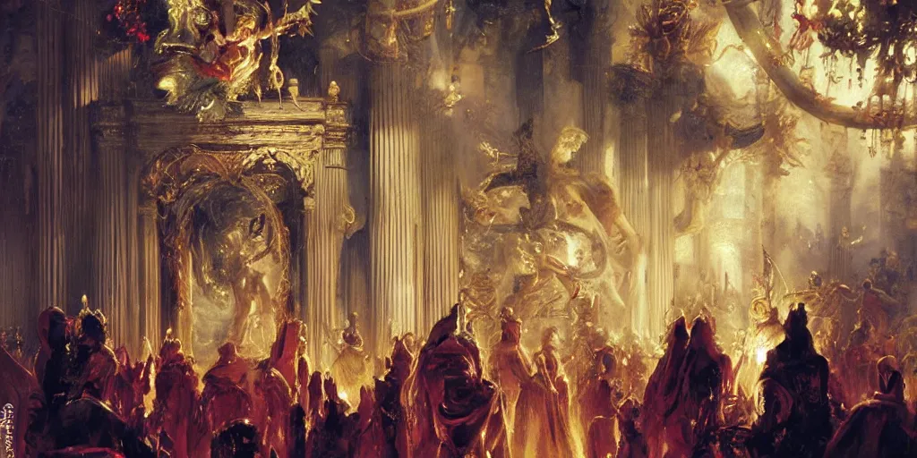 Image similar to beautiful oil painting, high details, alien in royal crimson robes enthroned as the alien god emperor of ancient civilization surrounded by servants in gilded halls a golden wreath upon his head, by anders zorn, wonderful masterpiece by greg rutkowski, beautiful cinematic light, american romanticism, by thomas lawrence, greg rutkowski