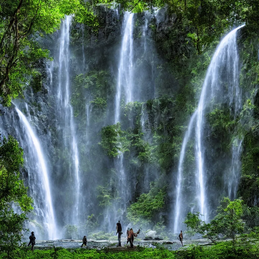Prompt: huge towering magical waterfall, extreme drama, distant glowing figures, hdr, movie still, fully photorealistic, sharp luminescent focus, nd 6, sony fx 6, glowing luminescent invocations
