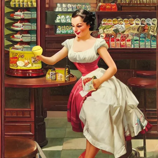 Prompt: an ice cream merchant by gil elvgren - n 4