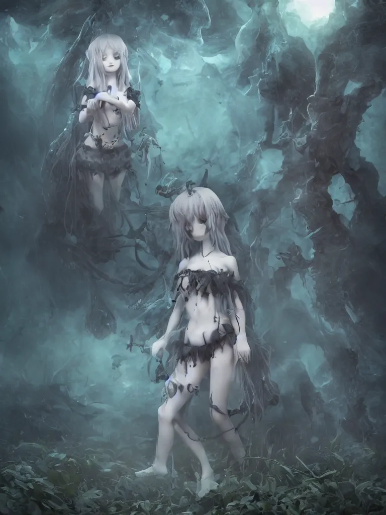 Image similar to cute fumo plush of a frail cursed witch girl wandering the depths of the forbidden jungle, gothic wraith maiden, wispy smoke and volumetric fog, beyond the mirror, filmic, symmetric beauty, vignette, vray