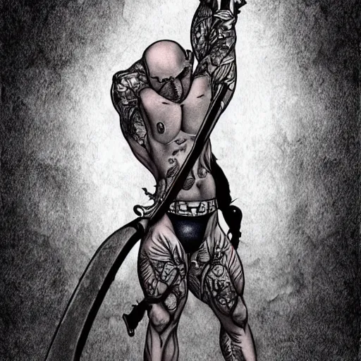 Image similar to muscular bald man, tattooed body, sword in hands, HD, anime style,