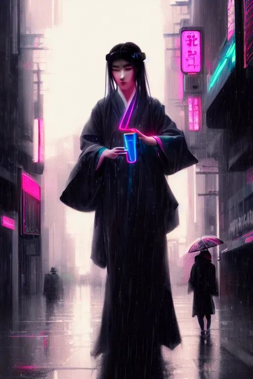 Prompt: portait of a beautiful young cyberpunk geisha half body in a kimono and with an white umbrella in cyberpunk city with neon lights, ambient lights, rainy day, digital painting, art station, by greg rutkowski