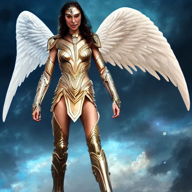 Image similar to beautiful angel warrior queen gal gadot in futuristic seraphim angelic intricate body sculpted cosmic armor and flowey ornate robes, highly detailed, 8 k, hdr, award - winning, trending on artstation, ann stokes