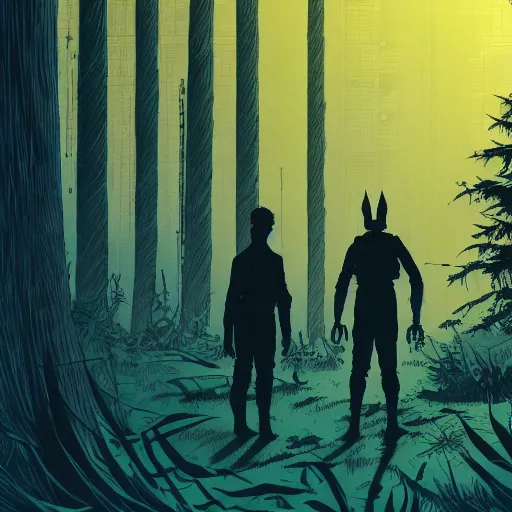 Prompt: in the style of max prentis and moebius and laurie greasley a silhouette of two young explorers wearing cyberpunk headpieces in the middle of an enchanting forest, long shot, highly detailed, 8k wallpaper