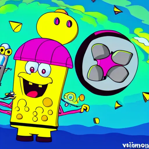 Image similar to sponge bob driving an alien mothership in cartoon network style, vivid colors.