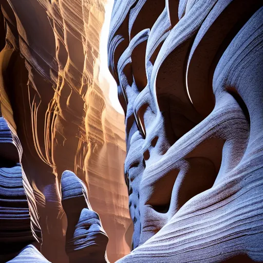 Image similar to cathedrals of carved stone in a canyon grotto, shiny layered geological strata,ground mist swirling vortexes,granular detail, by Sparth and Greg Rutkowski, hypermaximalist,micro details, 3d sculpture,f32,deep depth of field,cinematic lighting,digital rendering,photographic, wide angle,octane render , 4k, artstation, concept art, 35mm, graflex, color film photography,