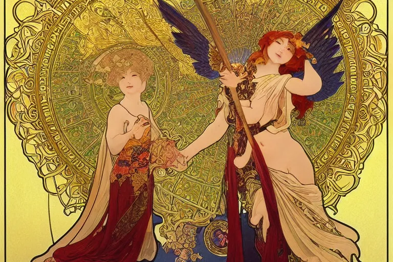 Prompt: glorious beautiful painting of Japanese female angel with flaming sword and golden wings, heavenly background and heavenly light, feminine figure, by James Jean and Alphonse mucha, Neo-Gothic, gothic, Art Nouveau, rich deep moody colors