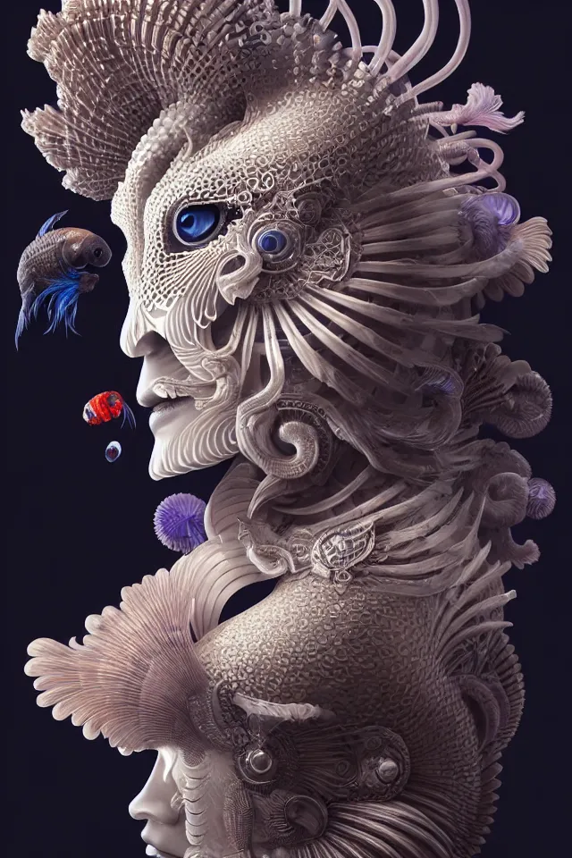 Image similar to 3 d goddess close up portrait with ram skull. beautiful intricately detailed, japanese crow kitsune mask and clasical japanese kimono, betta fish, jellyfish, phoenix, bio luminescent, plasma, ice, water, wind, creature, artwork by tooth wu and wlop and beeple and greg rutkowski