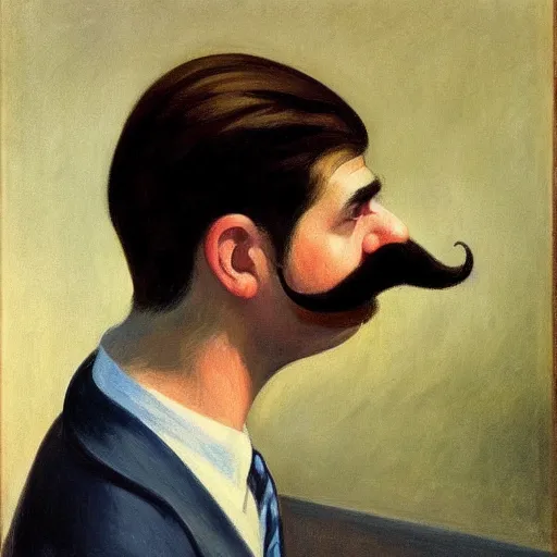 Image similar to a brown haired man with a mustache staring deeply at camera, edward hopper,