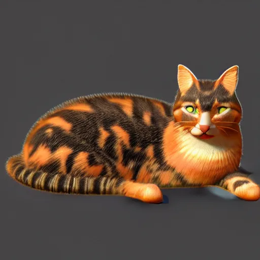 Prompt: a 3D model render of a tortoiseshell cat napping