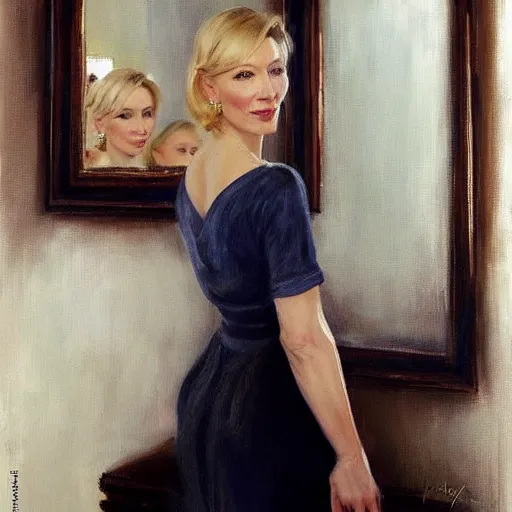 Image similar to cate blanchett in low-cut blouse in front of a mirror, painting by Vladimir Volegov