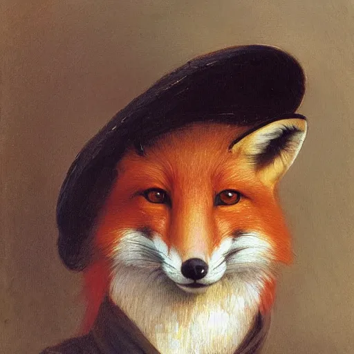 Prompt: A portrait of a fox wearing a scarf and a boater hat by Robert Cleminson and William-Adolph Bouguereau, painting of a fox in a hat