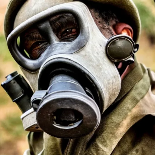 Image similar to high quality photo of A gorilla wearing a world war 2 gas mask, realism, 8k, award winning photo