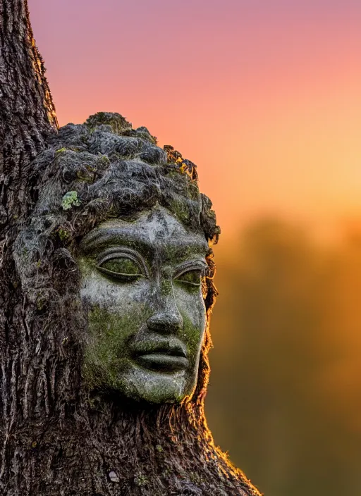 Image similar to photograph of hyperrealistic hyperdetailed ancient face in a tree covered with bark and moss, dark mysterious forest at sunset